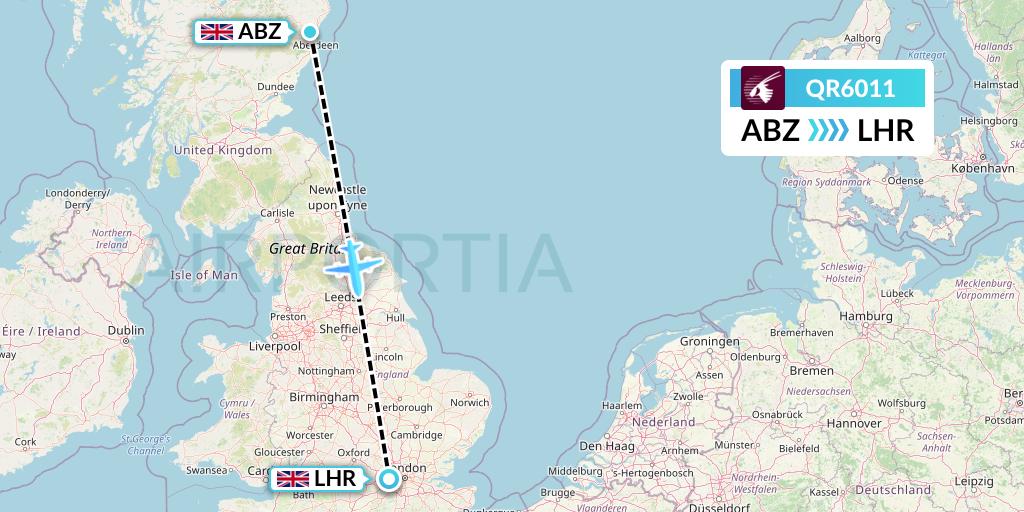 QR6011 Qatar Airways Flight Map: Aberdeen to London