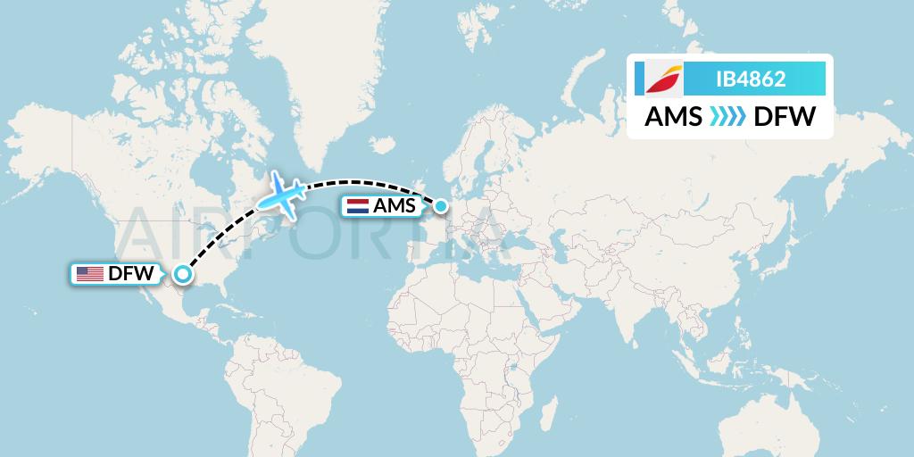 IB4862 Iberia Flight Map: Amsterdam to Dallas