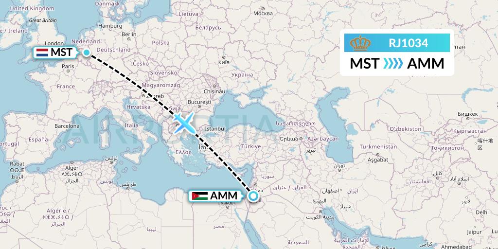 RJ1034 Royal Jordanian Flight Map: Maastricht to Amman