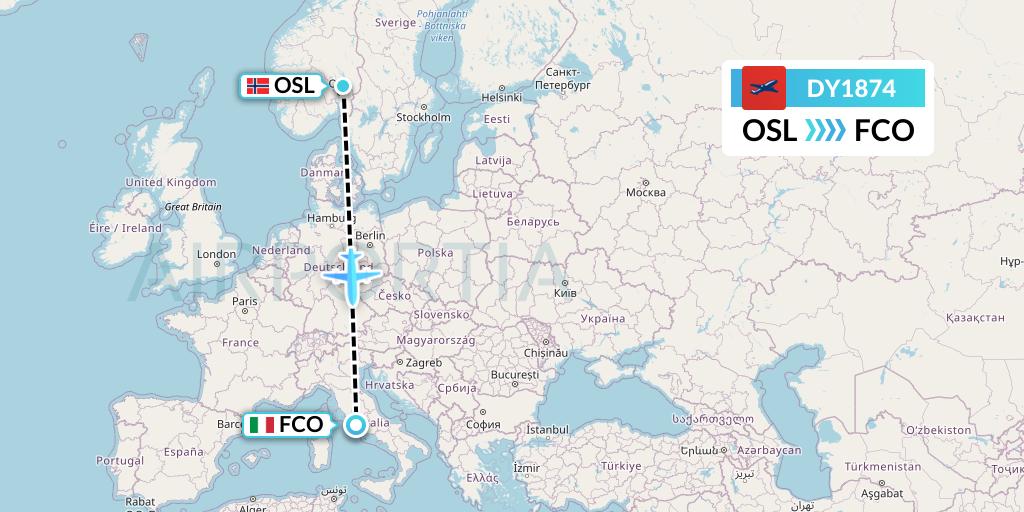 DY1874 Norwegian Flight Map: Oslo to Rome