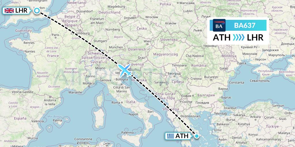 BA637 British Airways Flight Map: Athens to London
