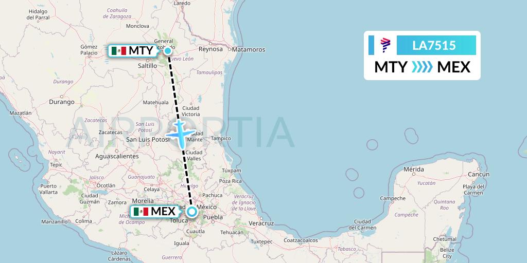 LA7515 LAN Airlines Flight Map: Monterrey to Mexico City