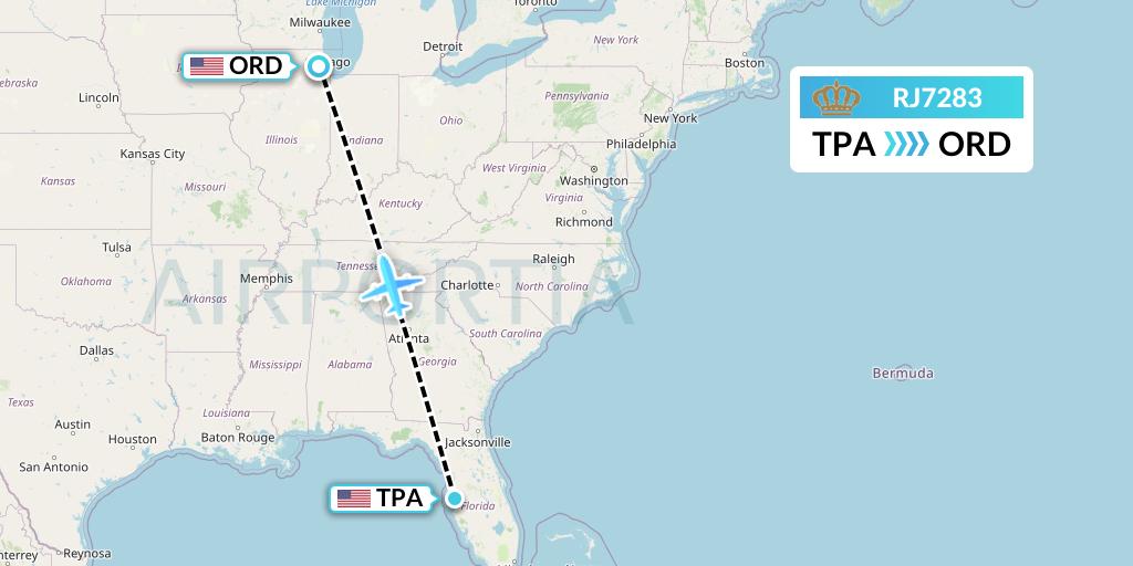 RJ7283 Royal Jordanian Flight Map: Tampa to Chicago