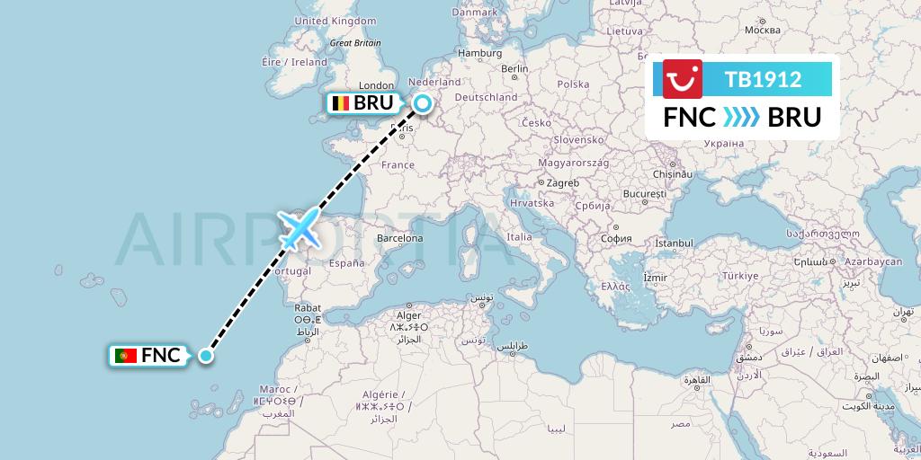 TB1912 TUI fly Belgium Flight Map: Funchal to Brussels