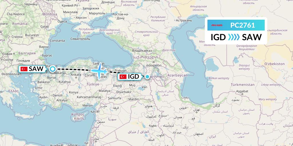 PC2761 Pegasus Airlines Flight Map: Igdir to Istanbul