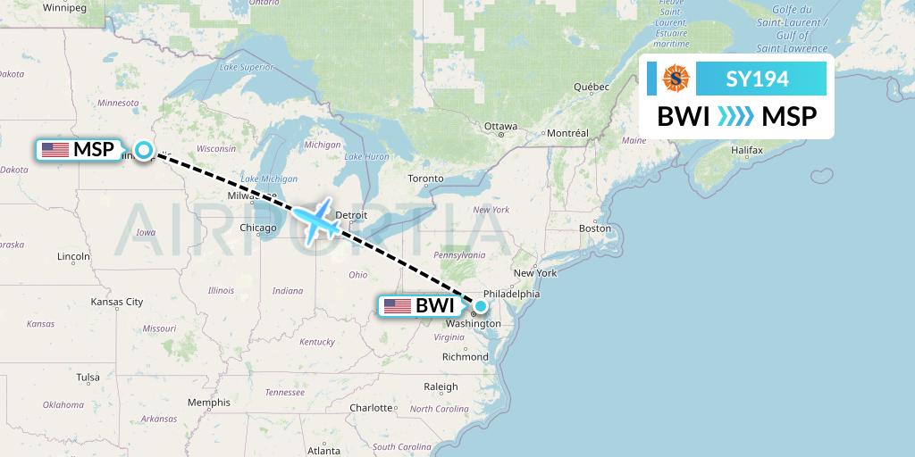 SY194 Sun Country Airlines Flight Map: Baltimore to Minneapolis