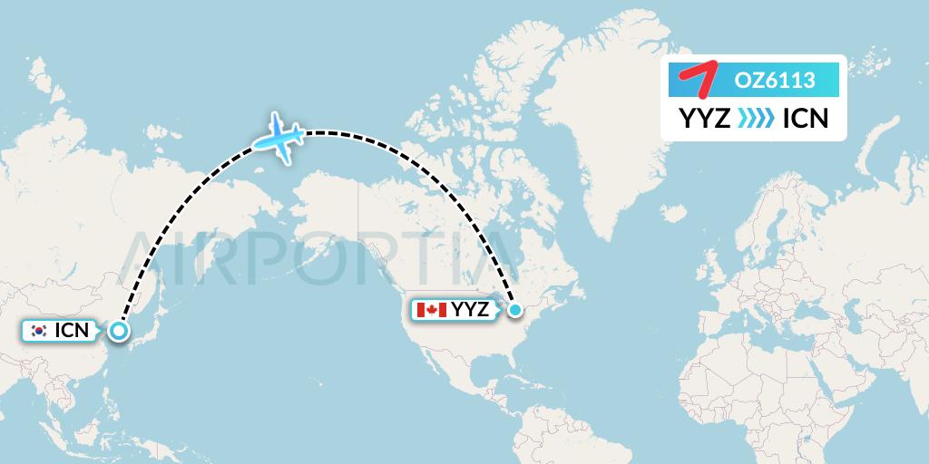 OZ6113 Asiana Airlines Flight Map: Toronto to Seoul