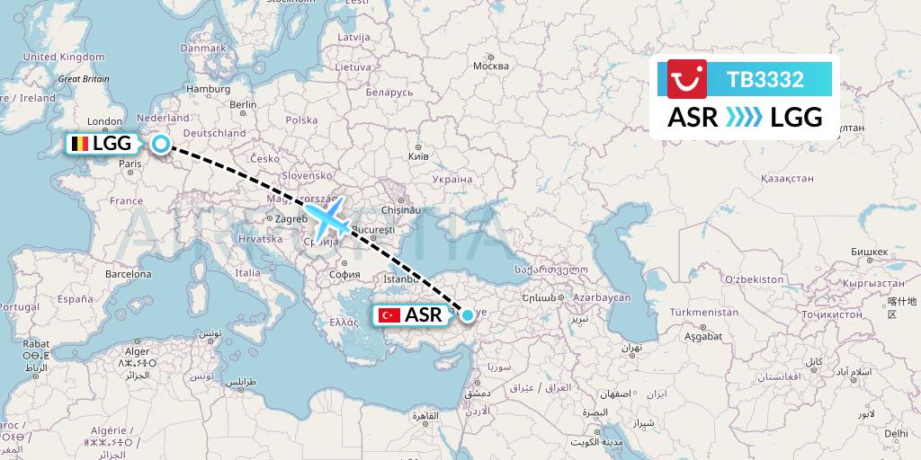 TB3332 TUI fly Belgium Flight Map: Kayseri to Liege