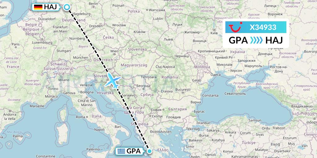 X34933 TUI fly Germany Flight Map: Patras to Hannover