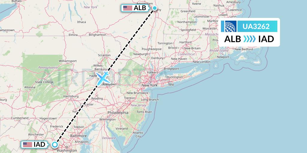 UA3262 United Airlines Flight Map: Albany to Washington
