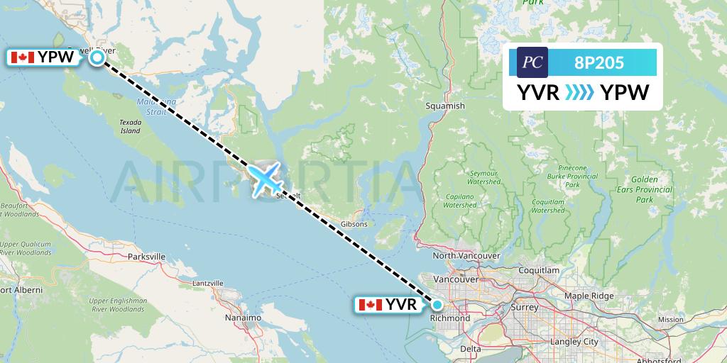 8P205 Pacific Coastal Airlines Flight Map: Vancouver to Powell River