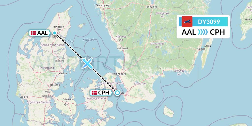 DY3099 Norwegian Flight Map: Aalborg to Copenhagen