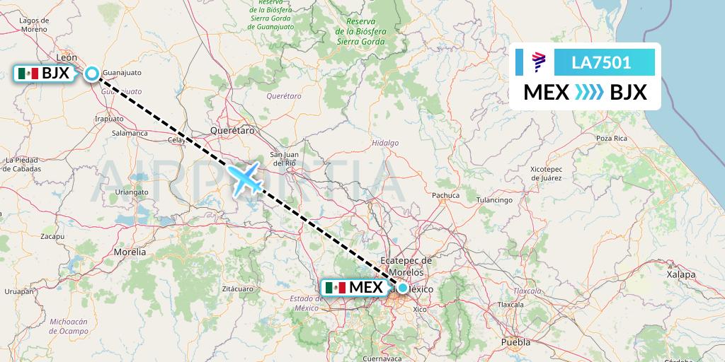 LA7501 LAN Airlines Flight Map: Mexico City to Silao
