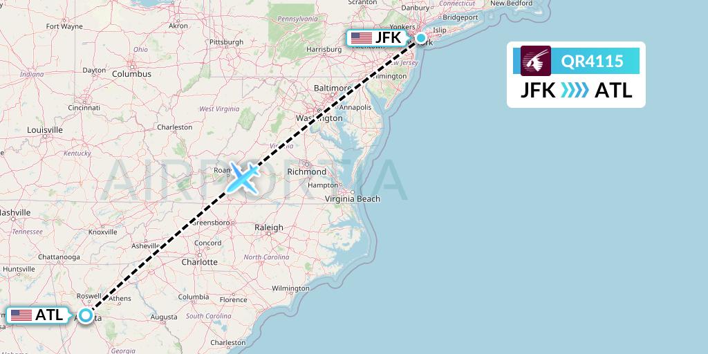 QR4115 Qatar Airways Flight Map: New York to Atlanta