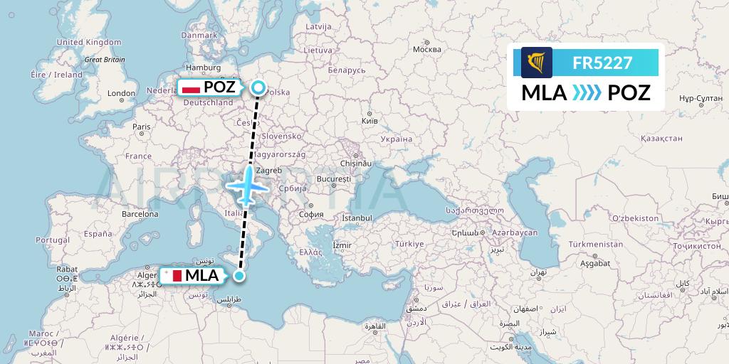 FR5227 Ryanair Flight Map: Malta to Poznan