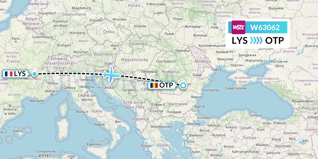 W63062 Wizz Air Flight Map: Lyon to Bucharest