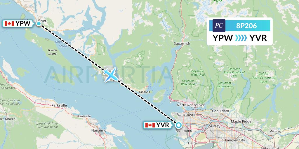 8P206 Pacific Coastal Airlines Flight Map: Powell River to Vancouver