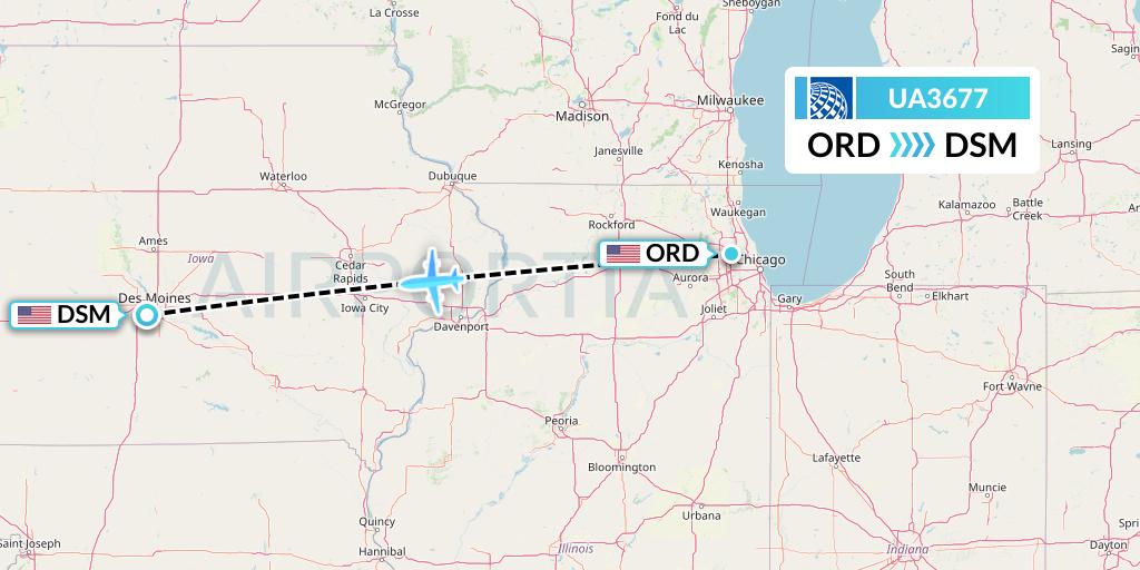 UA3677 United Airlines Flight Map: Chicago to Des Moines