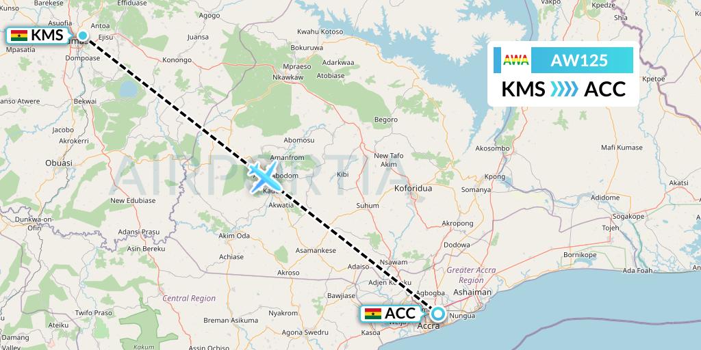 AW125 Africa World Airlines Flight Map: Kumasi to Accra