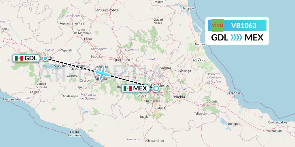 VB1063 VivaAerobus Flight Map: Guadalajara to Mexico City