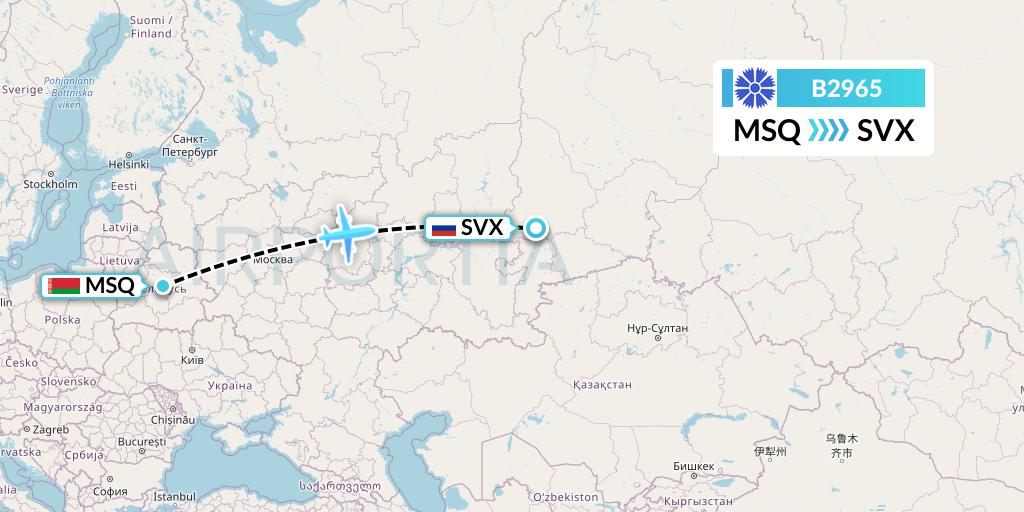 B2965 Belavia Flight Map: Minsk to Yekaterinburg