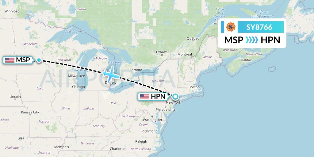 SY8766 Sun Country Airlines Flight Map: Minneapolis to White Plains