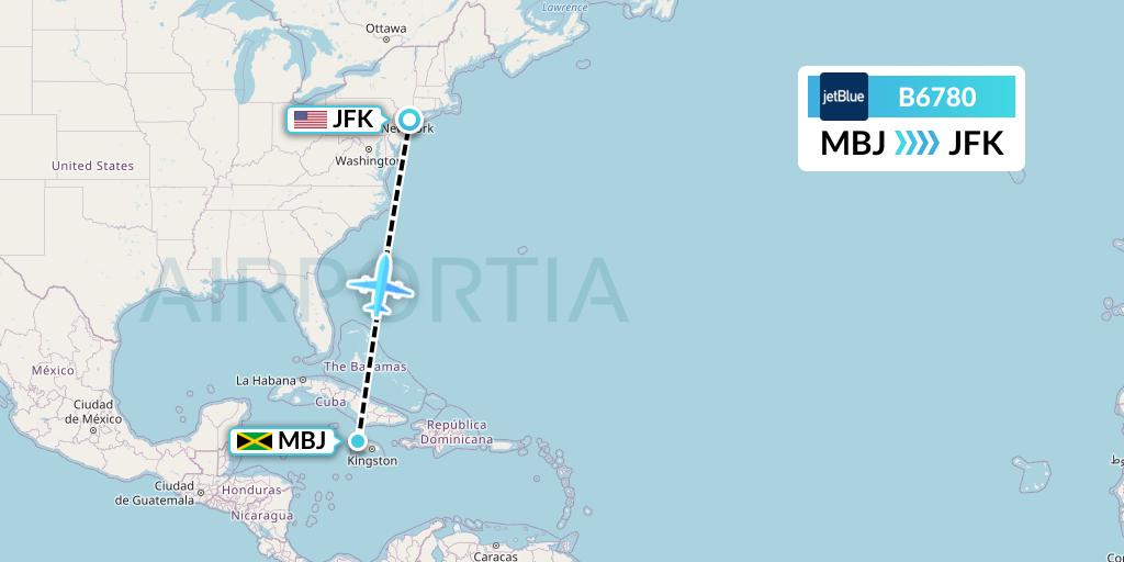 B6780 JetBlue Airways Flight Map: Montego Bay to New York