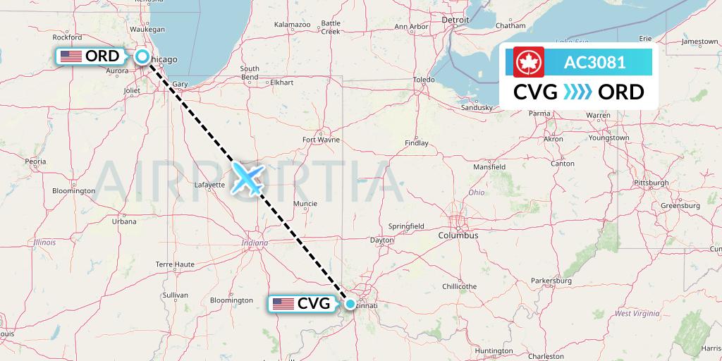 AC3081 Air Canada Flight Map: Cincinnati to Chicago