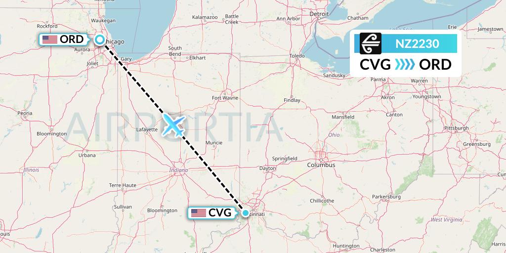 NZ2230 Air New Zealand Flight Map: Cincinnati to Chicago