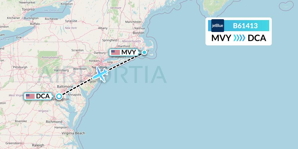 B61413 JetBlue Airways Flight Map: Martha's Vineyard to Washington
