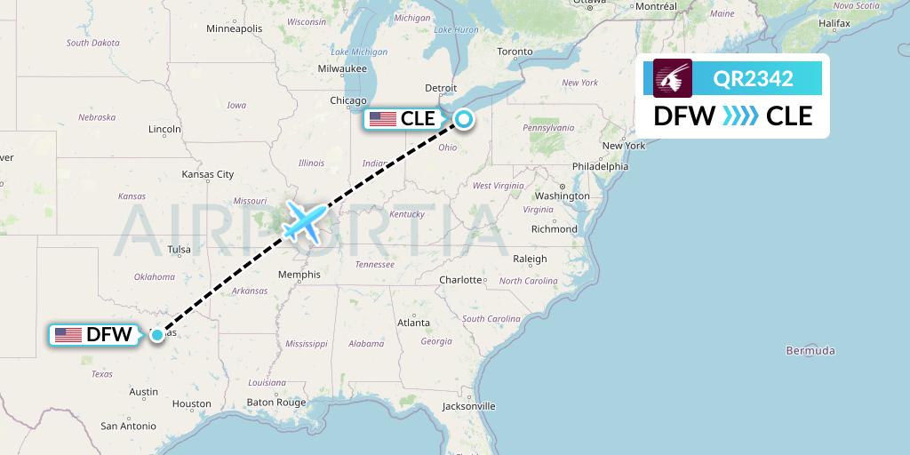 QR2342 Qatar Airways Flight Map: Dallas to Cleveland
