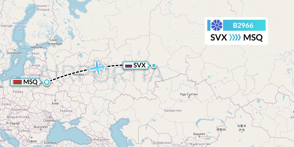 B2966 Belavia Flight Map: Yekaterinburg to Minsk
