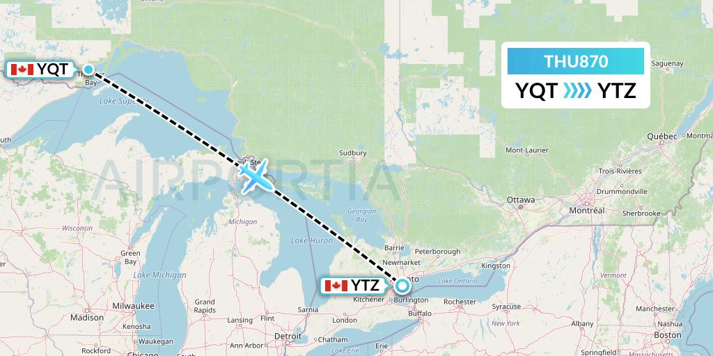 THU870 Thunder Airlines Flight Map: Thunder Bay to Toronto