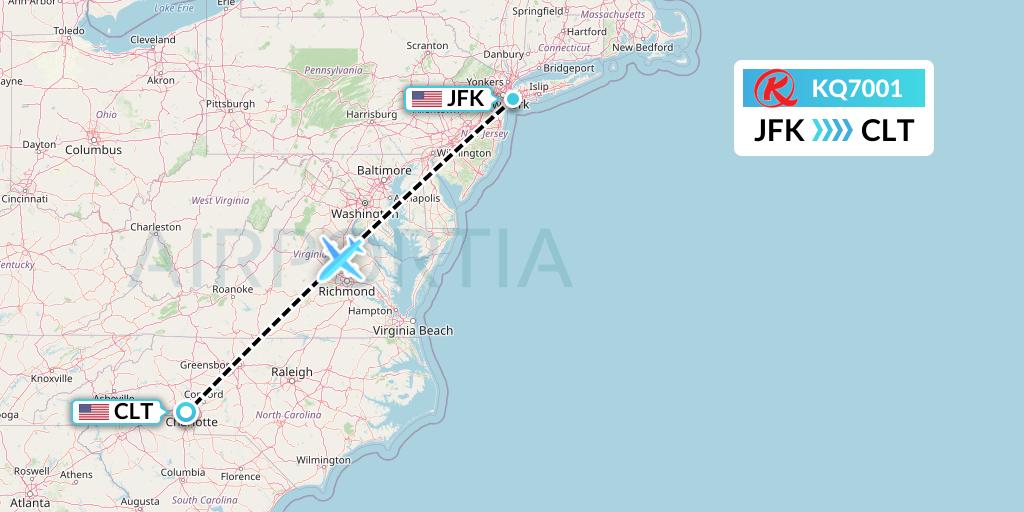 KQ7001 Kenya Airways Flight Map: New York to Charlotte