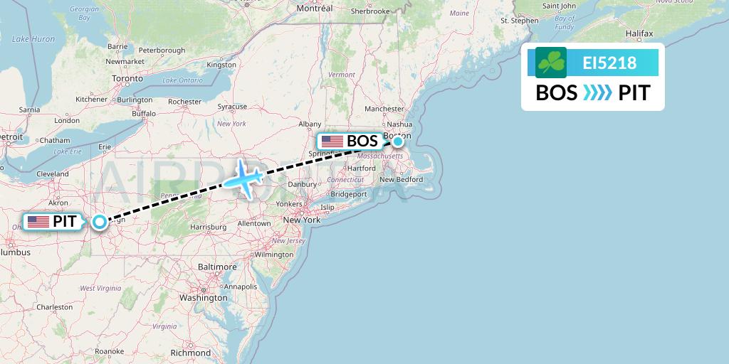 EI5218 Aer Lingus Flight Map: Boston to Pittsburgh