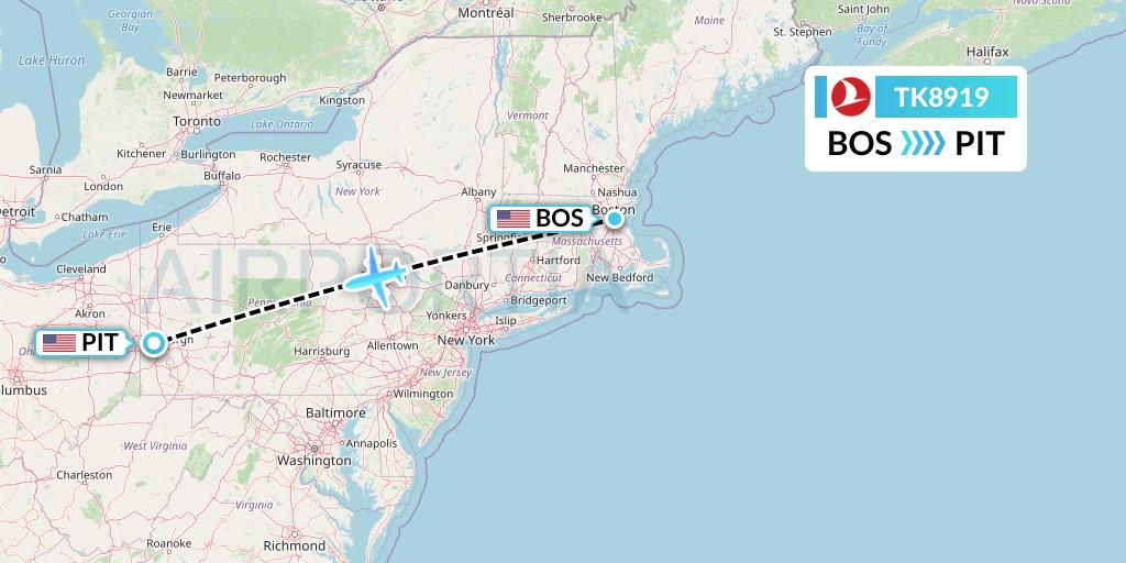 TK8919 Turkish Airlines Flight Map: Boston to Pittsburgh