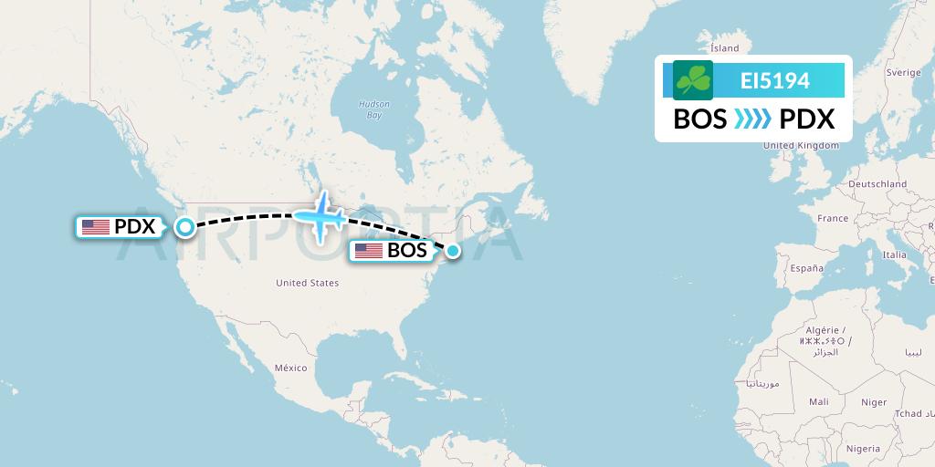 EI5194 Aer Lingus Flight Map: Boston to Portland