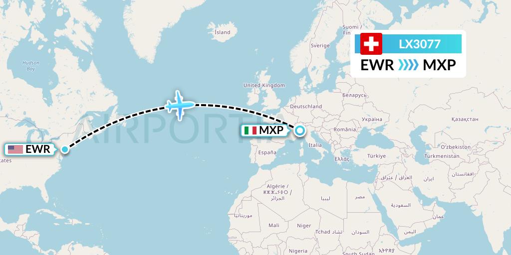 LX3077 Swiss Flight Map: New York to Milan