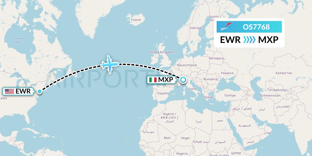 OS7768 Austrian Airlines Flight Map: New York to Milan