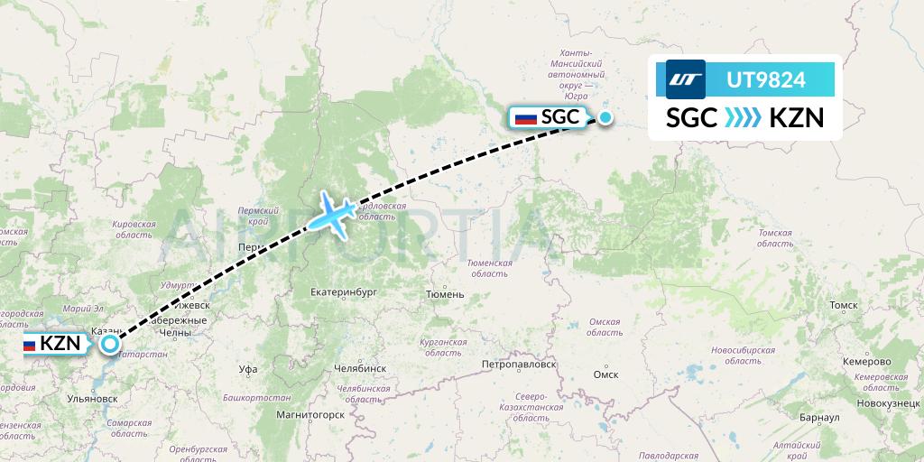 UT9824 UTair Flight Map: Surgut to Kazan
