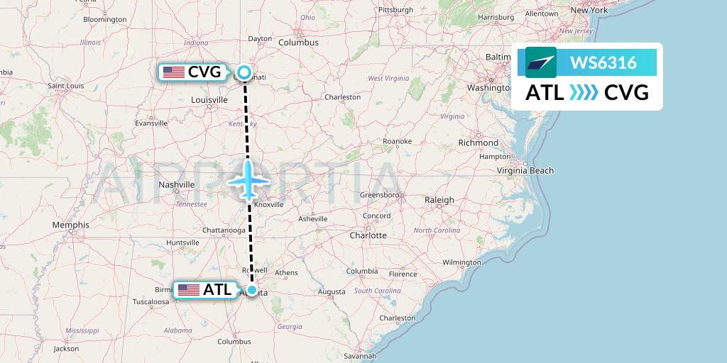 WS6316 WestJet Flight Map: Atlanta to Cincinnati