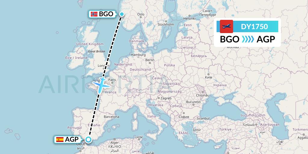 DY1750 Norwegian Flight Map: Bergen to Malaga