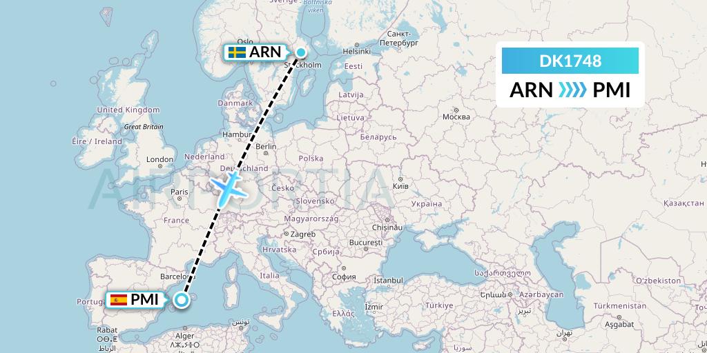 DK1748 Thomas Cook Airlines Scandinavia Flight Map: Stockholm to Palma de Mallorca