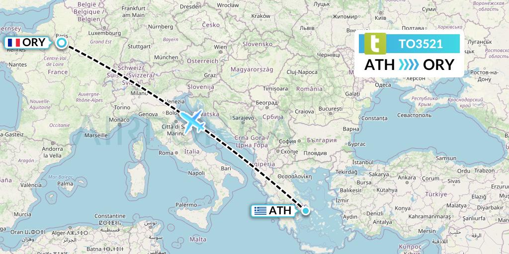 TO3521 Transavia France Flight Map: Athens to Paris