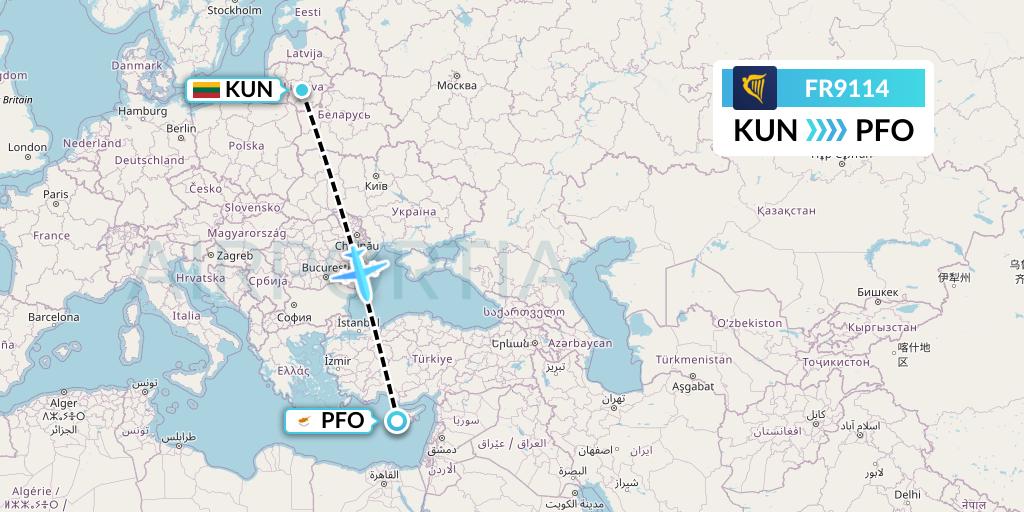 FR9114 Ryanair Flight Map: Kaunas to Pafos