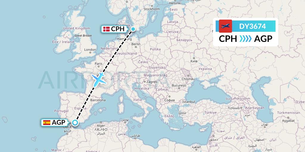 DY3674 Norwegian Flight Map: Copenhagen to Malaga