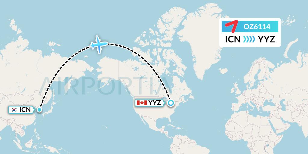 OZ6114 Asiana Airlines Flight Map: Seoul to Toronto