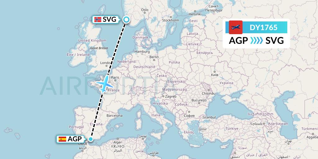 DY1765 Norwegian Flight Map: Malaga to Stavanger
