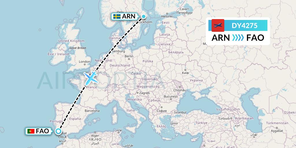 DY4275 Norwegian Flight Map: Stockholm to Faro