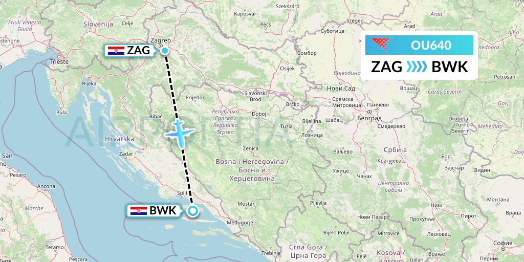 OU640 Croatia Airlines Flight Map: Zagreb to Bol